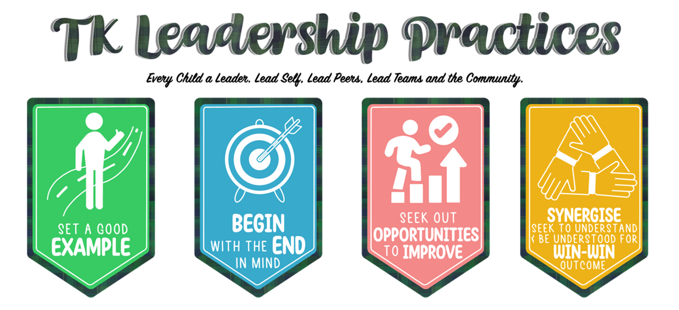 Four colorful badge-shaped icons under TK Leadership Practices showing Set a Good Example, Begin with the End in Mind, Seek Out Opportunities to Improve, and Synergise.